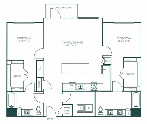Floor plan for 2 beds, 2 baths, 1321 sqft